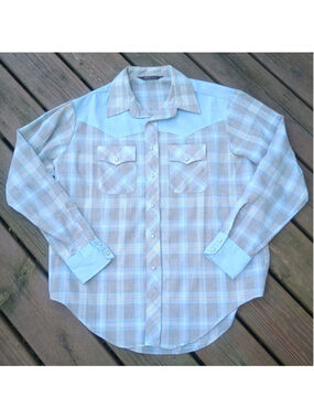 Vintage Career Club Slim Fit Western Pearl Snap Button Down Shirt Blue Tan Plaid